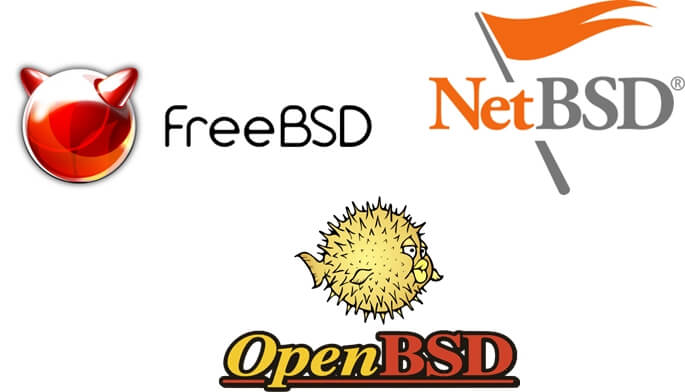 The Red Devil head logo of FreeBSD, The Orange Flag logo of NetBSD, and the Pufferfish logo  of OpenBSD logos on a white background.